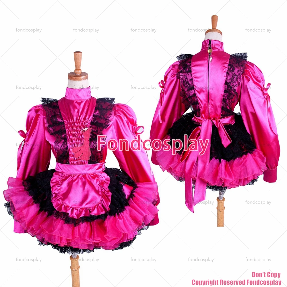 fondcosplay adult sexy cross dressing sissy maid short Lockable Uniform Hot Pink Satin lace Dress Costume CD/TV[G1408]