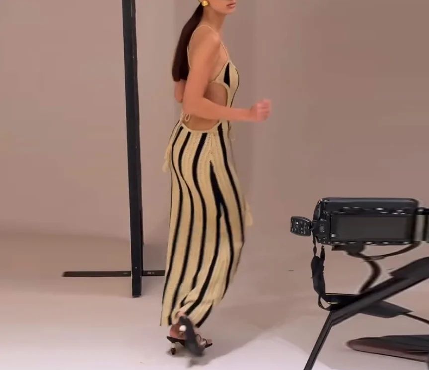 

Fashion Women's Dress 2025 Autumn/winter Elegant Sexy Casual Y2K Strap Striped Slim Fit Simple Hip Hugging Knitted Long Skirt