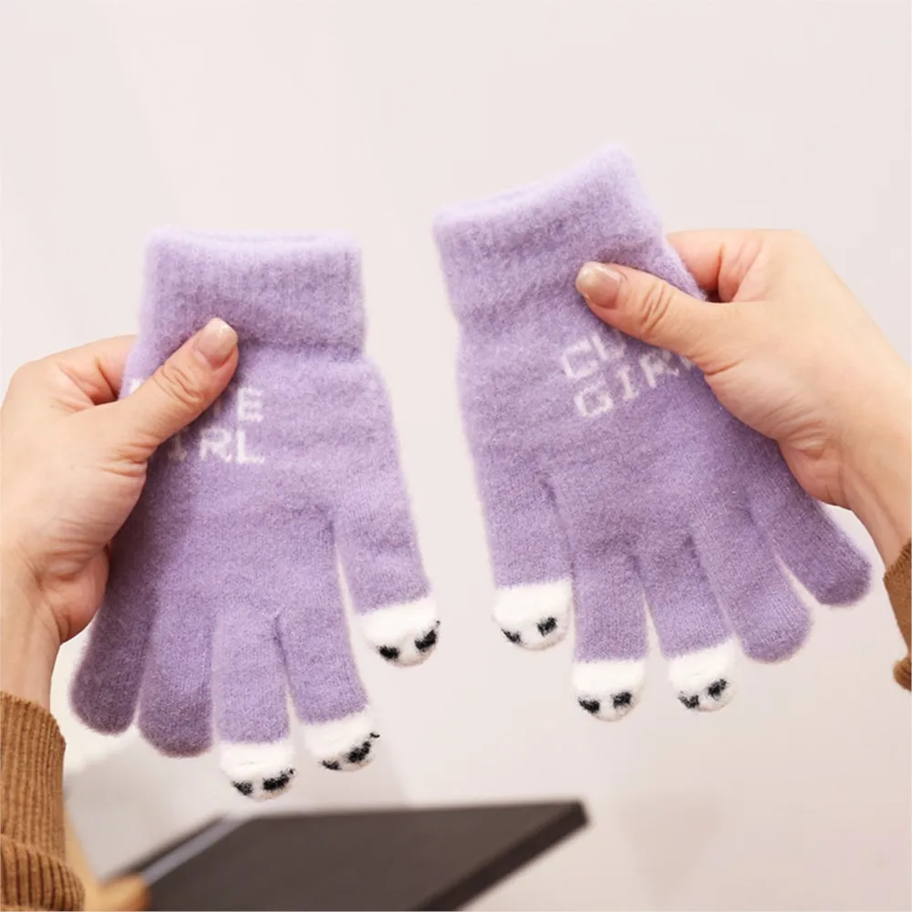 New touch screen open finger gloves warm and cold plush knit writing autumn and winter cute student five-finger gloves