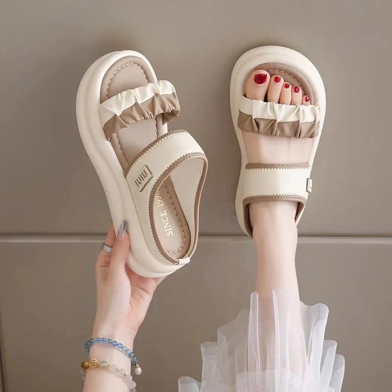 

Летние уличные женские сандалии во французском стиле, нескользящая удобная обувь без шнуровки большого размера с мягкой подошвой для платья