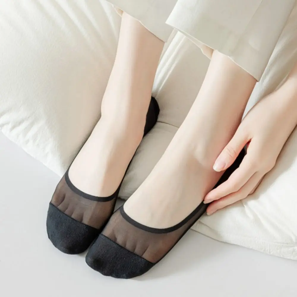 Fashion Thin Women's Boat Socks Anti-slip Cotton Bottom Invisible Boat Socks Breathable Not Falling Ice Silk Stockings Summer