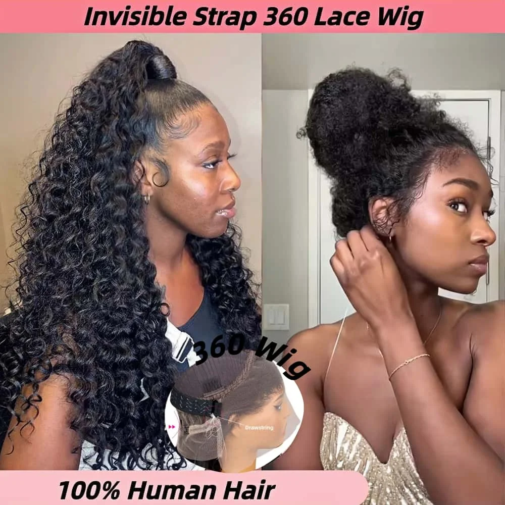 

30 Inch Natural Black Deep Wave Invisible Drawstring 360 Full Lace Human Hair Wigs Pre Plucked Water Wave 13x4 Lace Frontal Wig