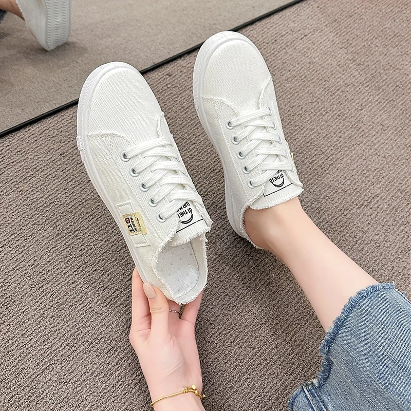 Blue Denim Women\'s Slippers 2024 Summer New Canvas Shoes Fashion Low Upper Lace Up Casual Sneakers Women Zapatos De Mujer