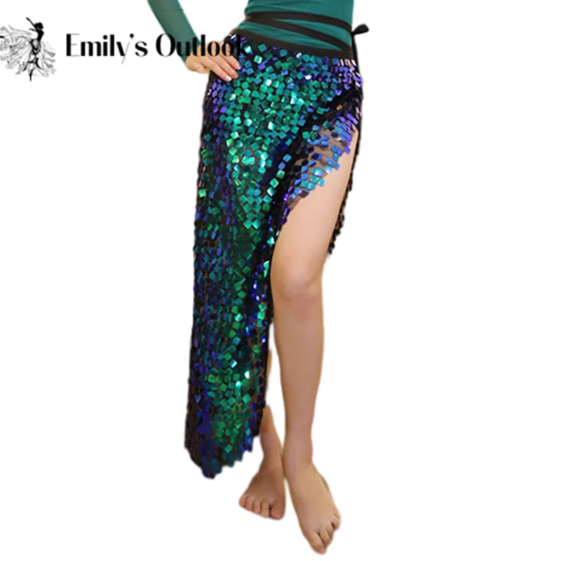 Sparkling Belly Dance Skirt Mermaid Sequins Mesh Triangle Hip Scarf Bellydance Performance Show Photography Outfit Wrap Belt