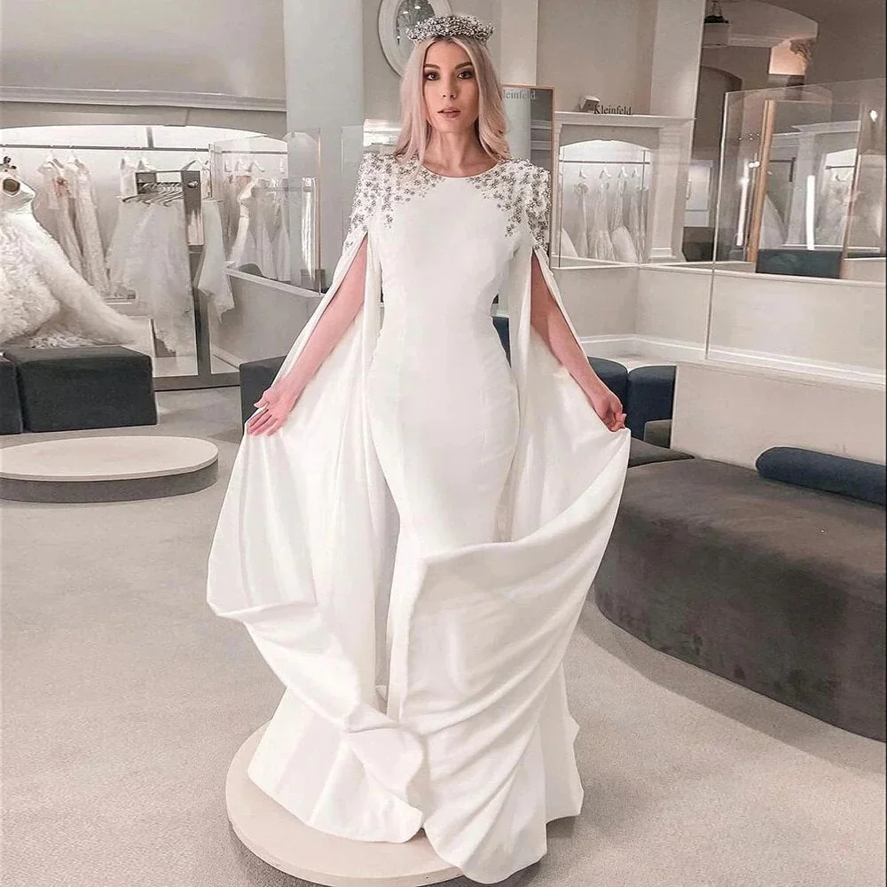 

Muslim Arab Saudi Evening Dress Women Mermaid Wedding Party Dress 2024 Floor-Length Long Sleeve Bead Crystal O-Neck Formal Dress