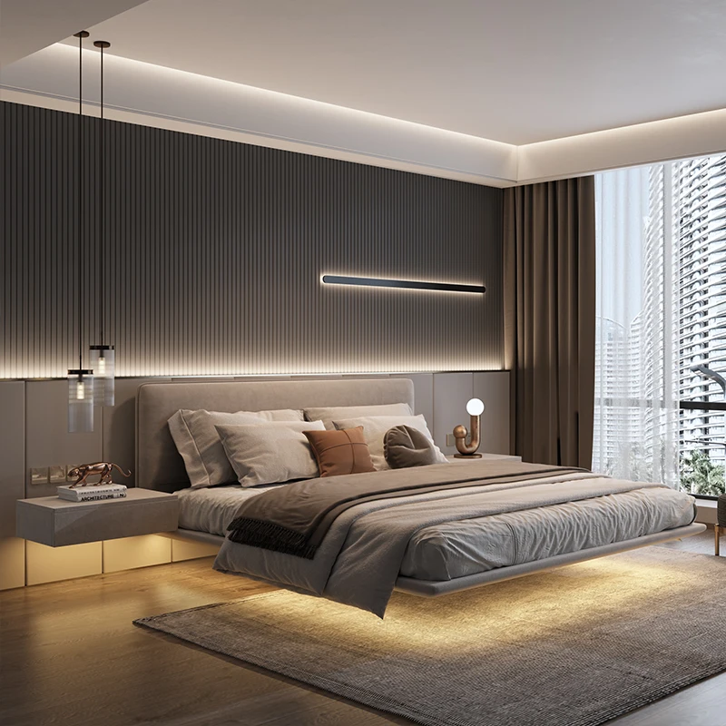 

minimalist fabric bed master bedroom solid wood technology bed frame fashionable artistic letti matrimoniali Home furniture