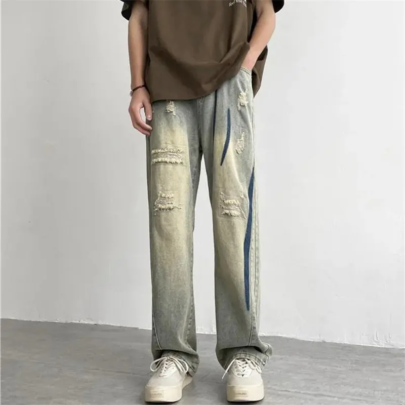 

High Street Ripped Jeans Men's Clothing Y2K Color Contrast Straight Pants Button Pocket Loose Spring Summer Trousers A038