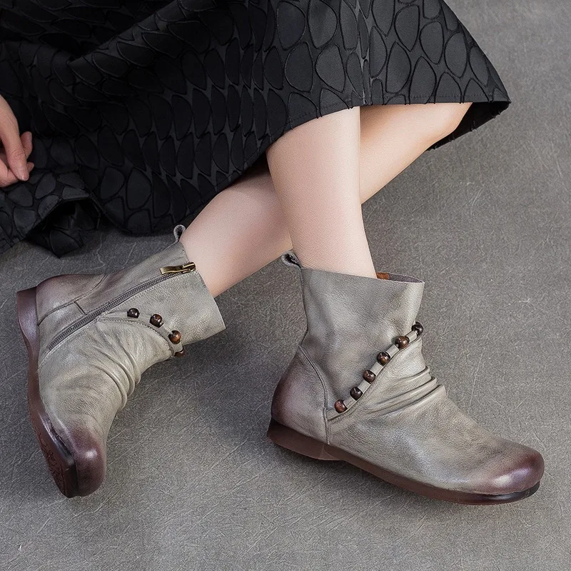 

Birkuir Retro Women Flat Heel Ankle Boots Pleated String Beading Spring Flats Short Boots Genuine Leather Luxury Comfort Boots