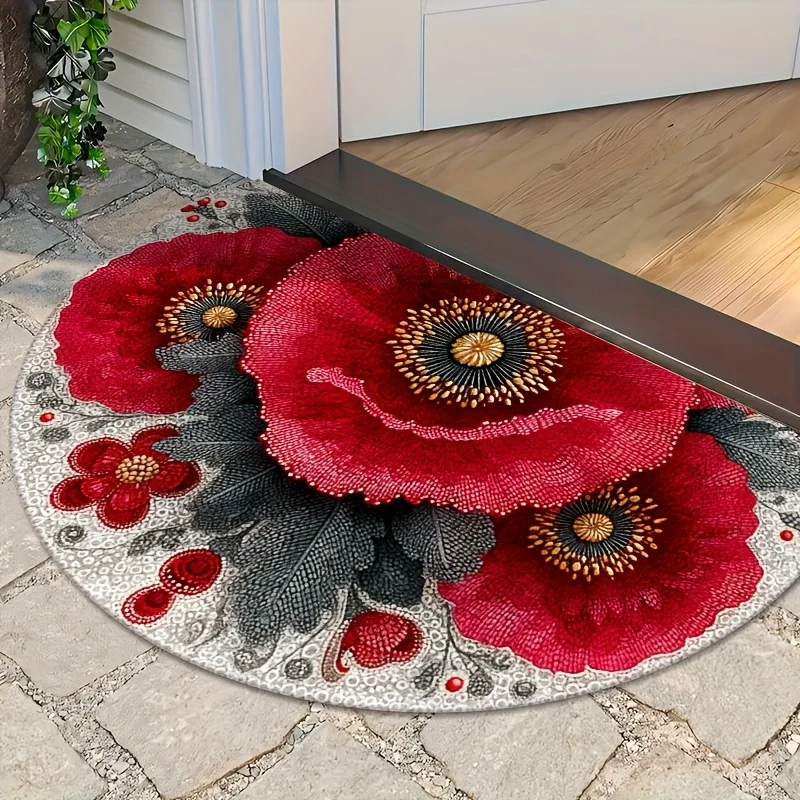 Large Red Poppy Flower Beaded Texture Black Leaves Rug For Bold Porch Playful Vibe Non Slip Decorative Floor Cover