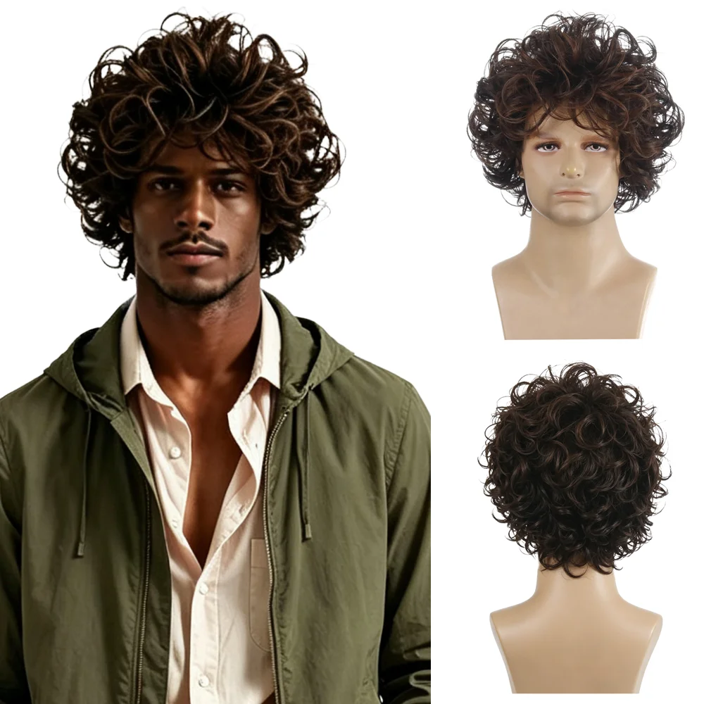 Short Curly Wig For Black Men Dark Brown Fluffy Afro Wig Natural Hairline Heat Resistant Synthetic Full Wig For Men Daily Wear