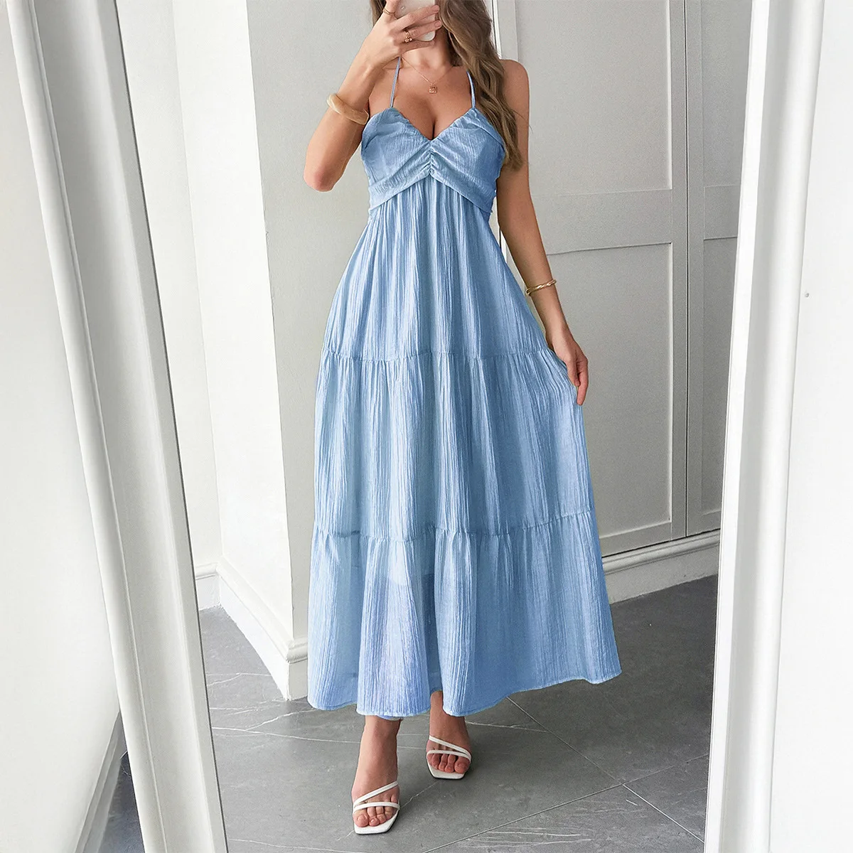 فستان طويل فساتين نسائية رسن شاطئ A Line Vestidos رقبة على شكل V بدون أكمام أنيق لصق Y2k ملابس الشارع الشهير صيف سادة 2025