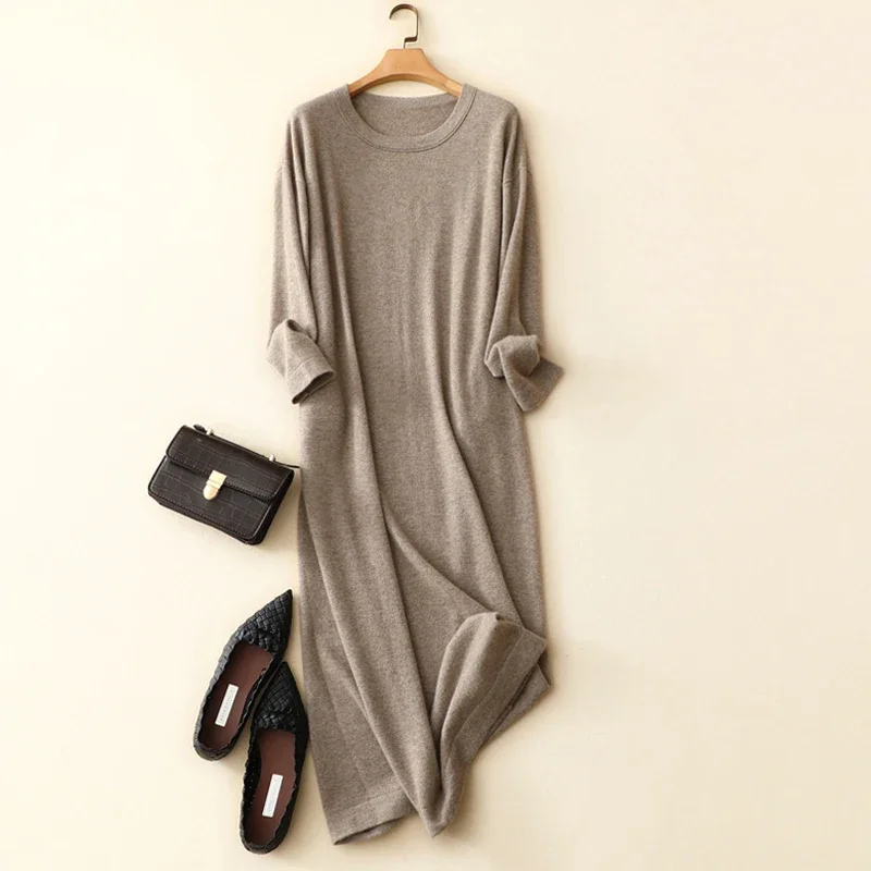 aliaga long women's autumn elegant knit dress o neck high quality superior 100% cashmere sweater dress