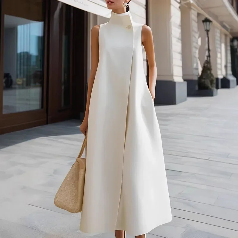 Simple Fashion Single Button High Neck Maxi Dress Women Spring Solid Pocket A-Line Long Dress Summer Sleeveless Bohemian Dresses