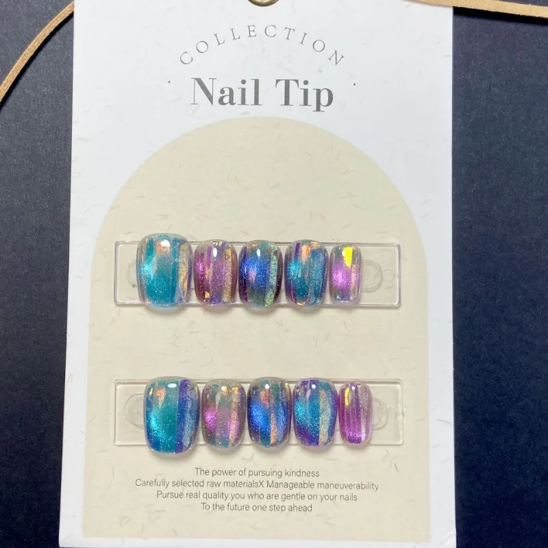 10 Stück volle Abdeckung glänzende Katzenauge Design bunte kurze runde falsche Nägel tragbare Maniküre Nagels pitzen Kunst handgemachte Presse auf Nägeln