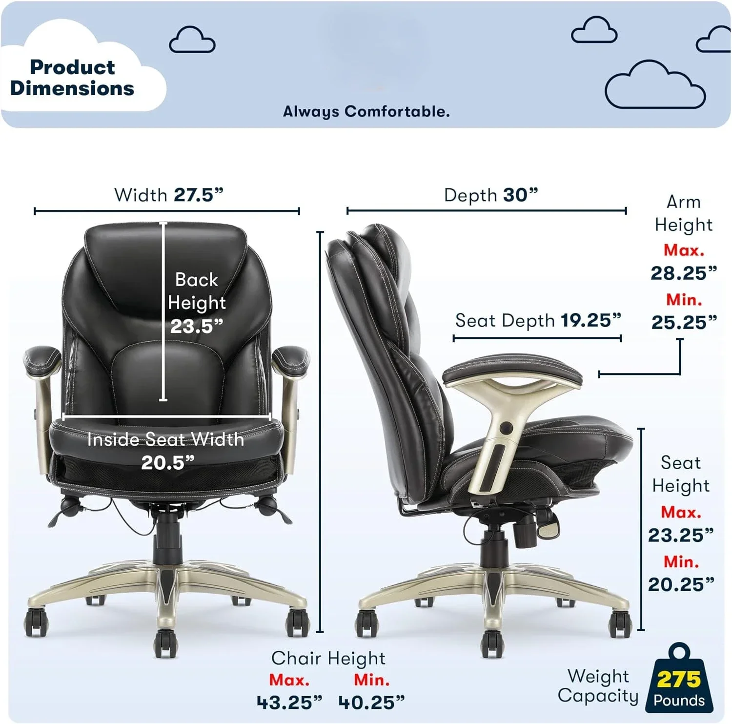 Ergonomic Executive Office Motion Technology, Adjustable Mid Back Desk Chair with Lumbar Support, Black Bonded Leather