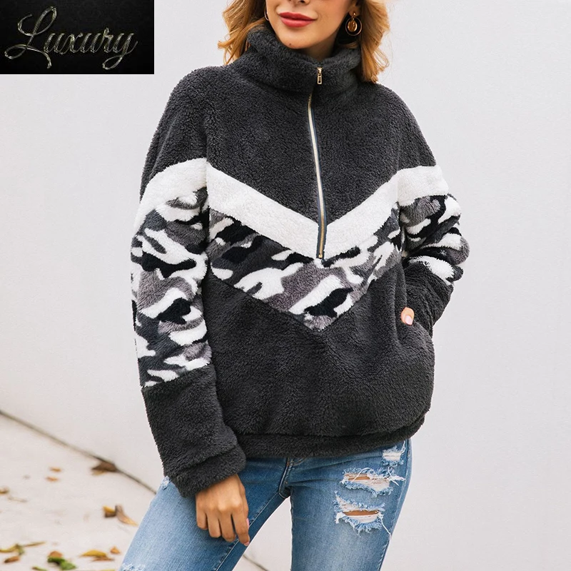 

Sweatshirts Woman Patcwork Print Faux Fur Fluffy Teddy Pullovers Top Female Autumn Winter Drawstring Preppy Lady Clothing