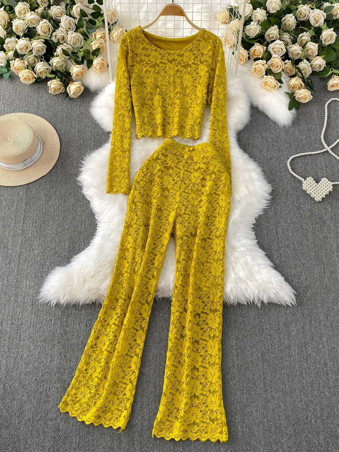 Ele Lace ort Crop Top Long Sve Set dimagrante da donna Pantaloni a gamba larga a vita alta Set da due pezzi Abbigliamento casual alla moda