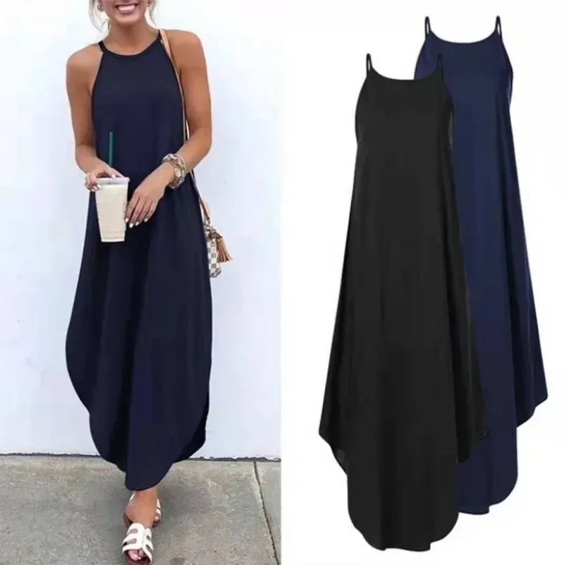 

Summer Casual Solid Color Dress Women Loose Long Camisole Dresses Korean V Neck Sexy Suspender Skirt Y2k Bohemian Maxi Dress