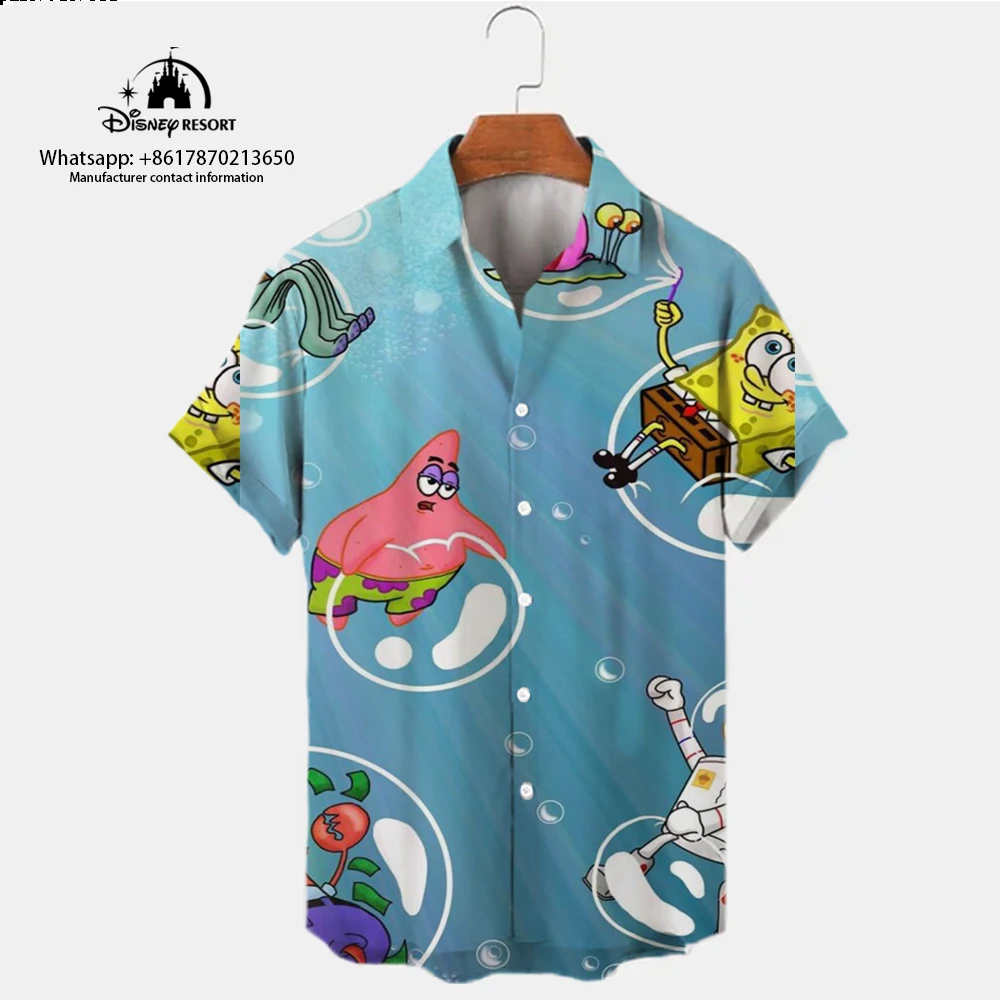 Camisa de manga curta de Bob Esponja masculina, top versátil, lapela, rua Harajuku, tendência casual na moda, verão, novo, 2024