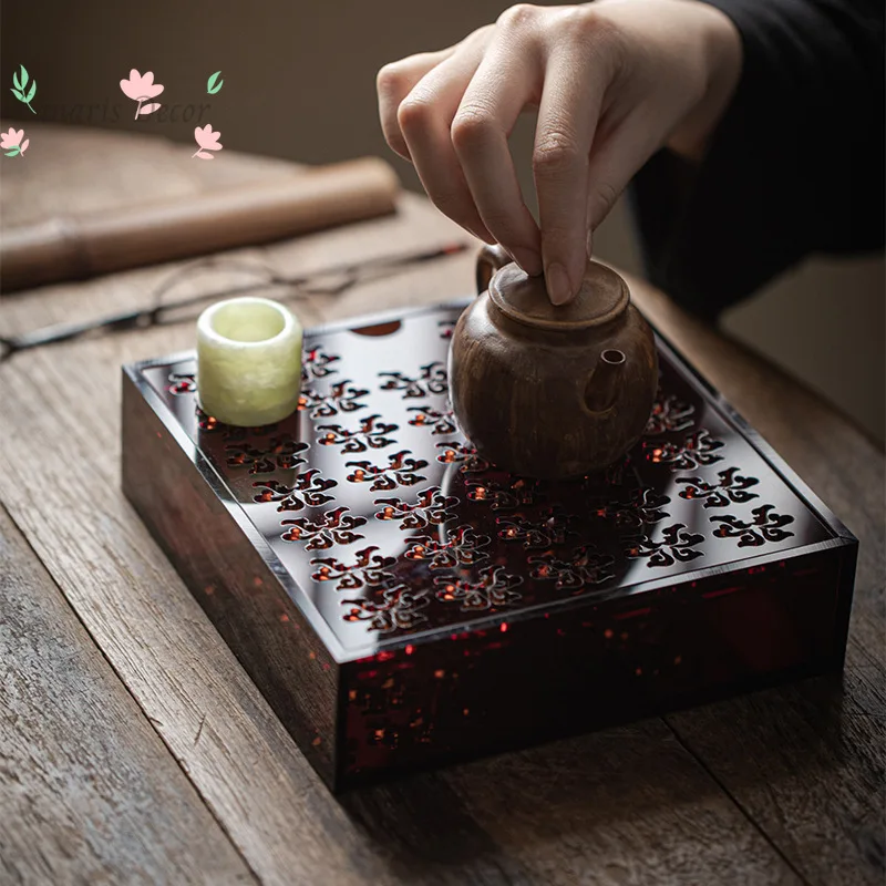 Water storage kettle for home retro square tea tray cut out small dry brewing table teapot cover bowl tray