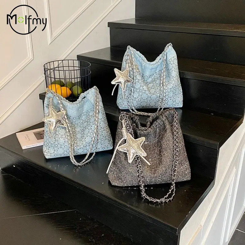 

Fashion Women Denim Handbags Female Shoulder Bag Ladies Luxury Hand Bags with Stars Hand Bag Large Crossbody Handbag Tote 2025
