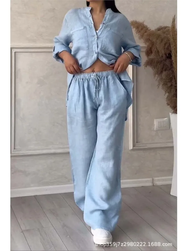 Women Two Piece Sets Spring Autumn Casual Long Sleeve Pocket Shirts 2 Piece Set Fashion Loose Wide Leg Pants Suit Outfites