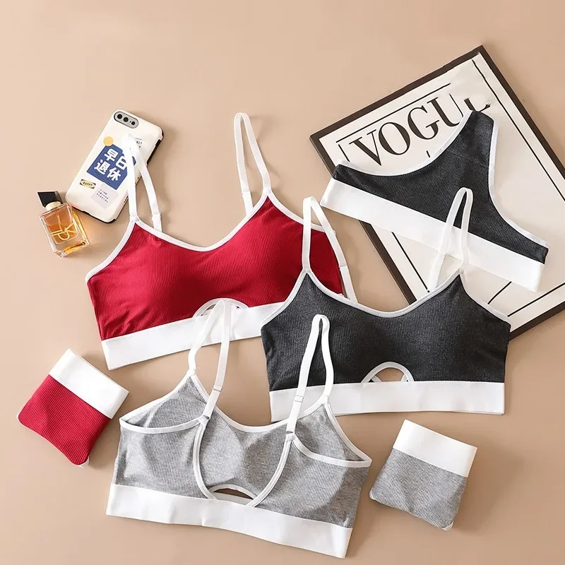 Retro Sports Bra Set with No Steel Ring Underwear Contrasting Colors Breathable and Comfortable Gathering Anti Sagging Bra