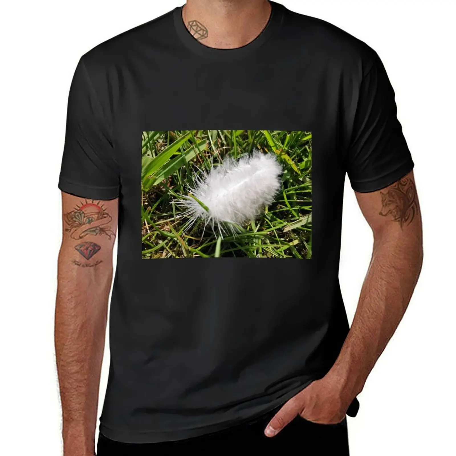 White Feather On Green Grass T-Shirt customs design your own oversizeds oversized mens t shirts casual stylish