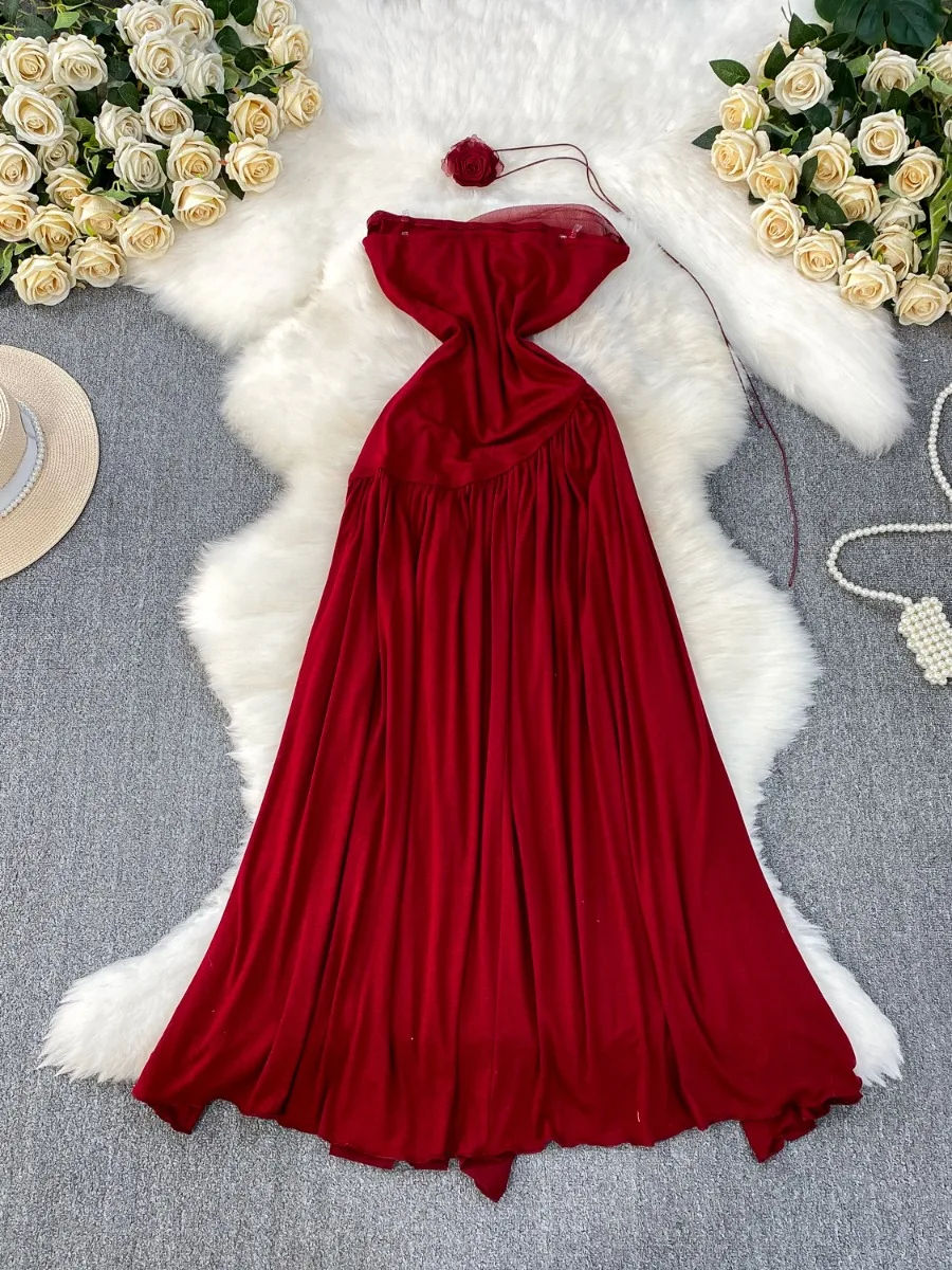 Foamlina 女性エレガントな 3D 花ビスチェドレスハイウエストタイバックスリムフィットマキシドレス長袖エレガントなパーティードレス