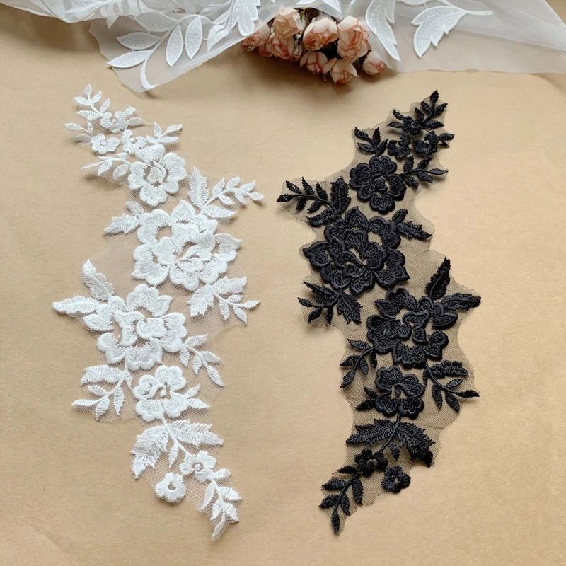 Schwarze Matte Stickerei-Spitze, Handgemachte Blume, DIY Hochzeits-Applikationsmaterial, Spiegelblume – Detail 2