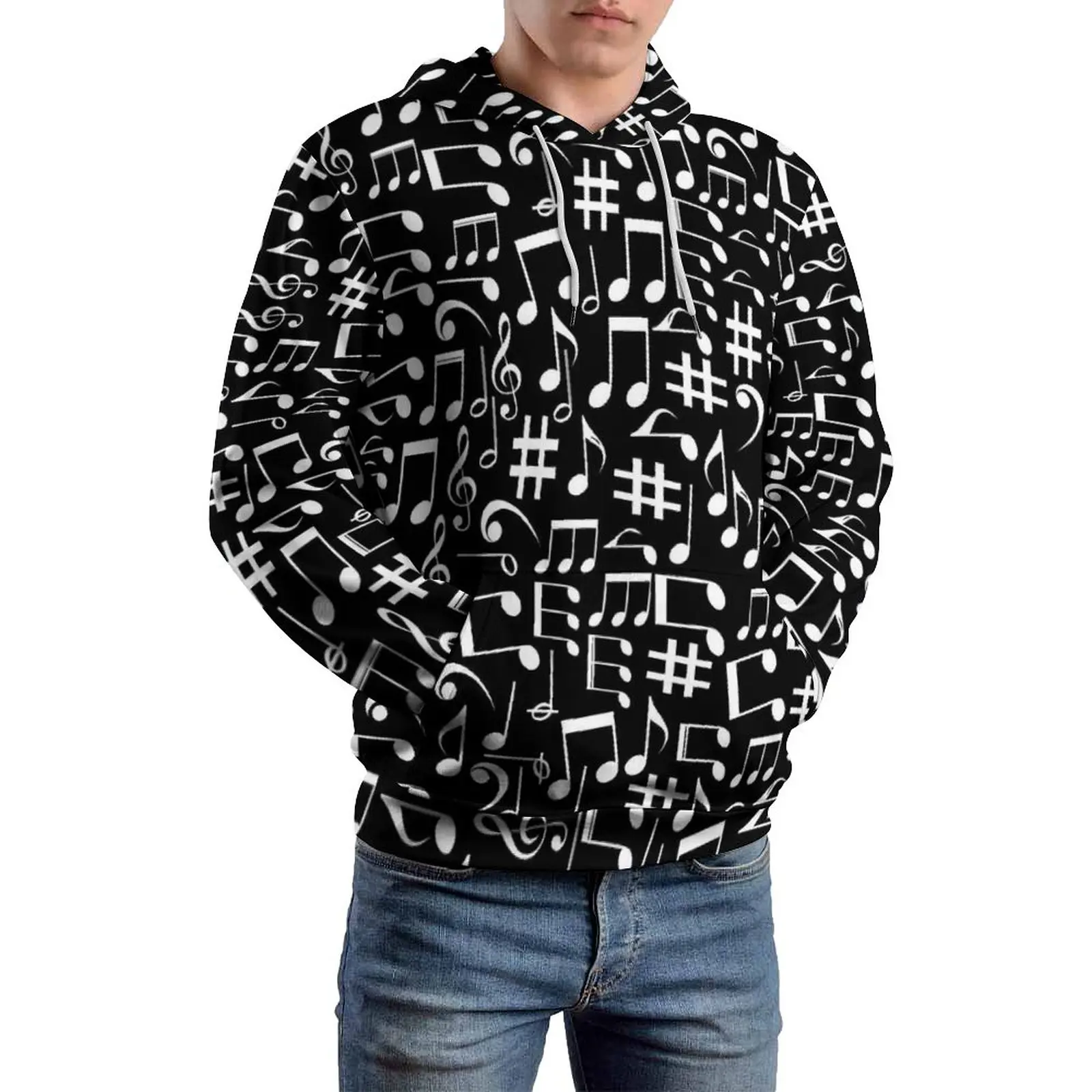 Musical Notes Print Casual Hoodies Men White And Black Graphic Hooded Sweatshirts Winter Long Sleeve Street Wear Oversize Hoodie