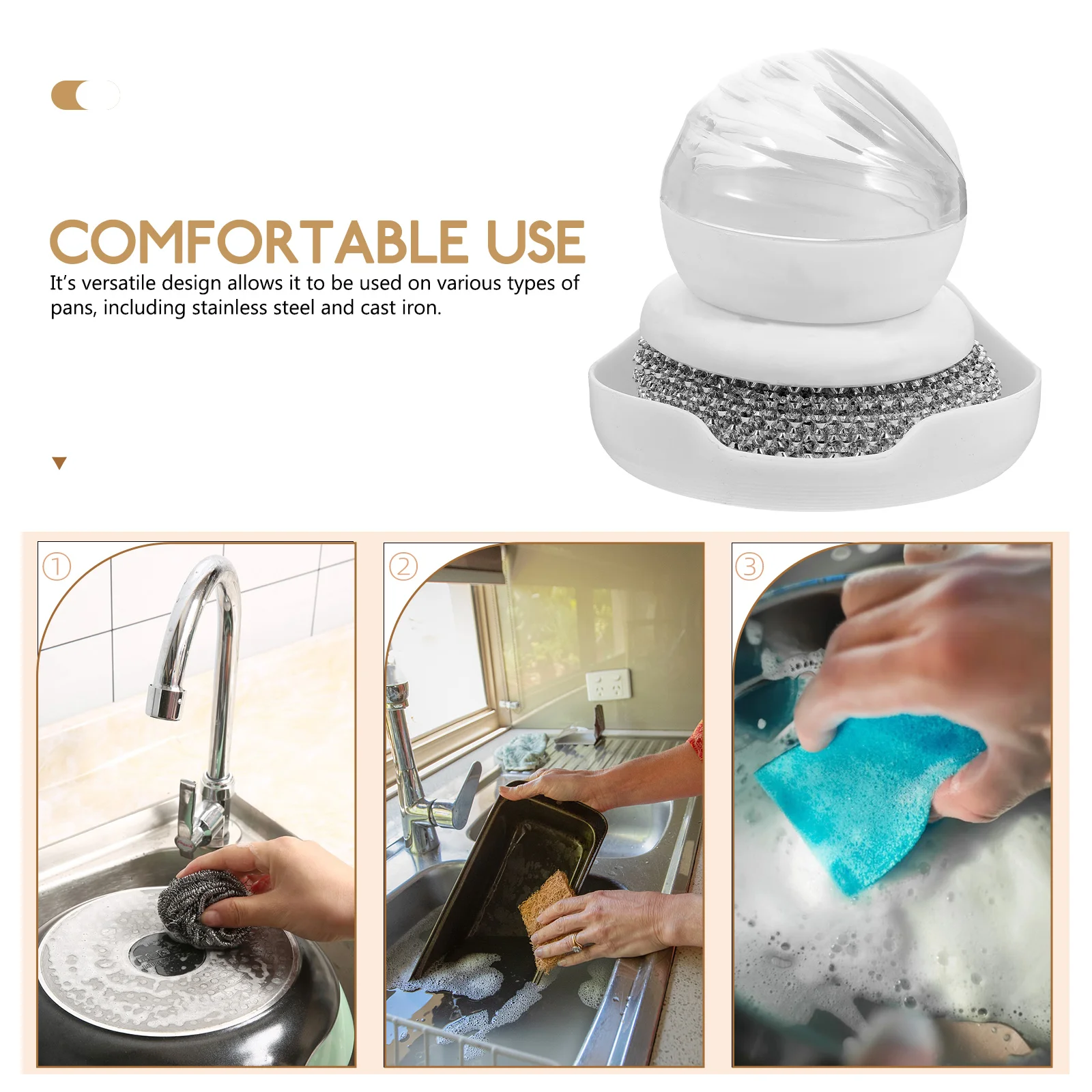 

Multifunctional Kitchen Cleaning Brush White Steel Wool Scrubber Ergonomic Handle Dishwasher Safe Home Essentials