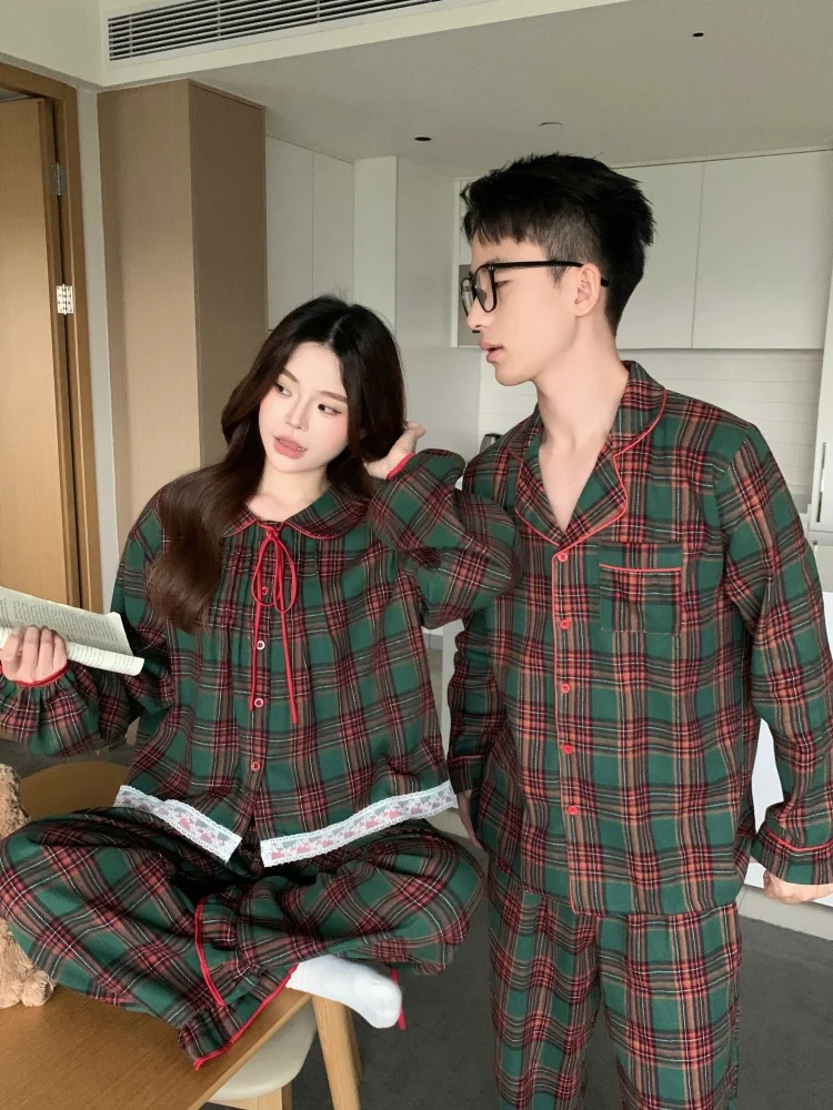 

vintage plaid pajamas set women kawaii couple lovers harajuku single breasted shirts + trousers cotton autumn home suit korean