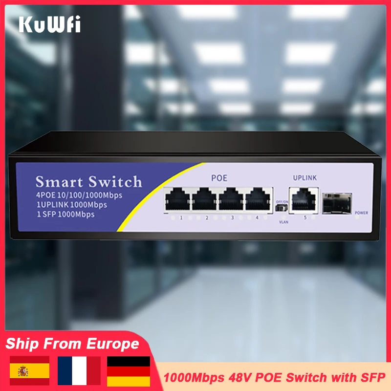 KuWFi 1000Mbps 48V POE Switch 6Ports Gigabit Network Ethernet Switch IEEE 802.3af/at for IP Camera Wireless AP Router with SFP