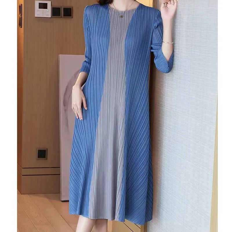 

Summer New Round Neck Fashion Three Quarter Midi Dress Women High Street Loose Contrast Color Dresses Pleated All-match Vestidos