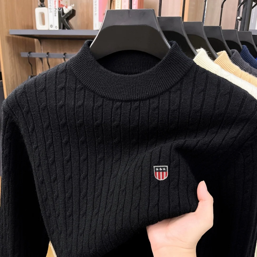 2026 Hot Brand Winter New Stripe Fried Dough Twists Knitted Sweater Men's Comfort Velvet Warm Badge Embroidered Pullover Sweater