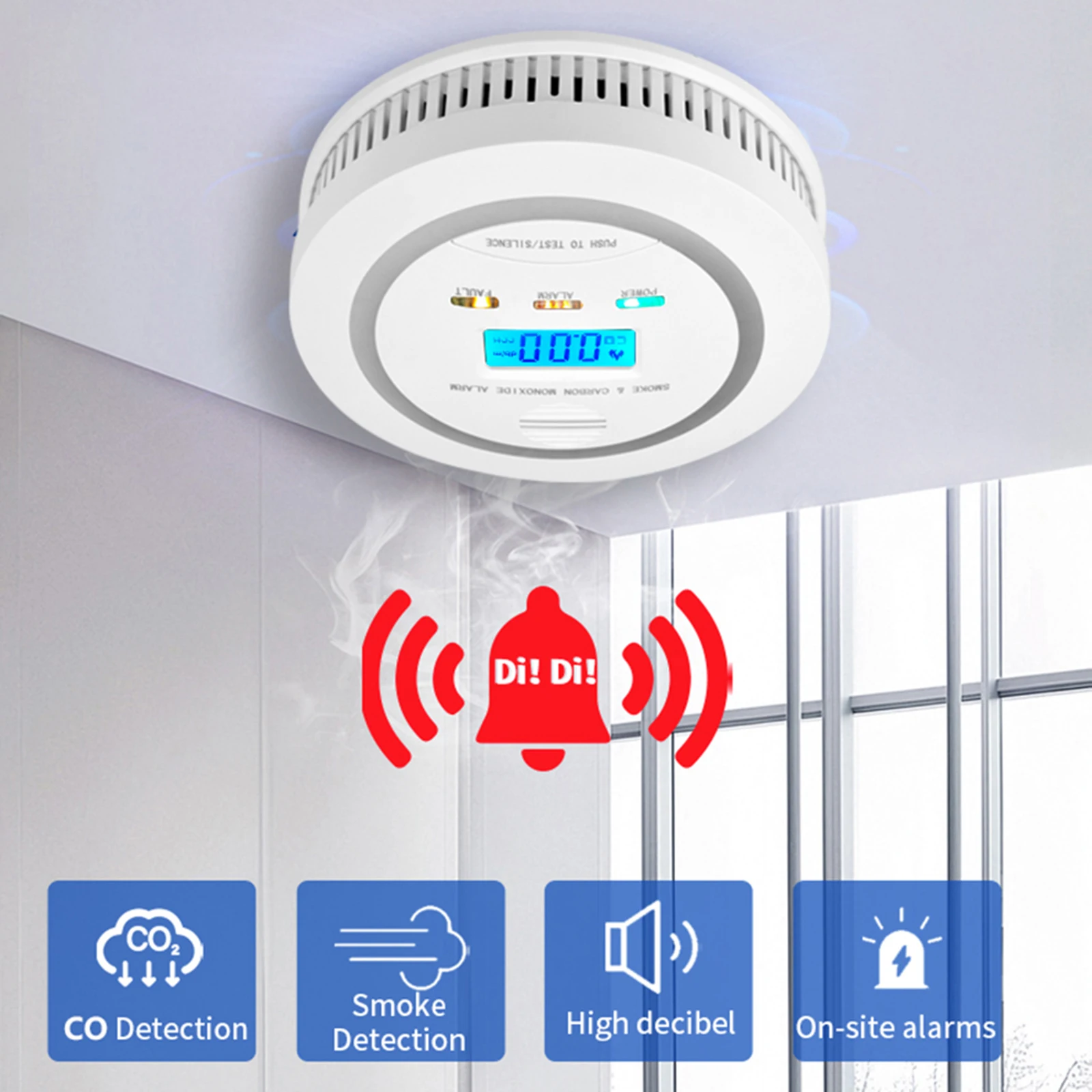 Carbon Monoxide Alarm Co Detector LCD Display Alarm with LCD Digital Display Sound Warning Smoke Alarm for Home Bedroom Kitchen