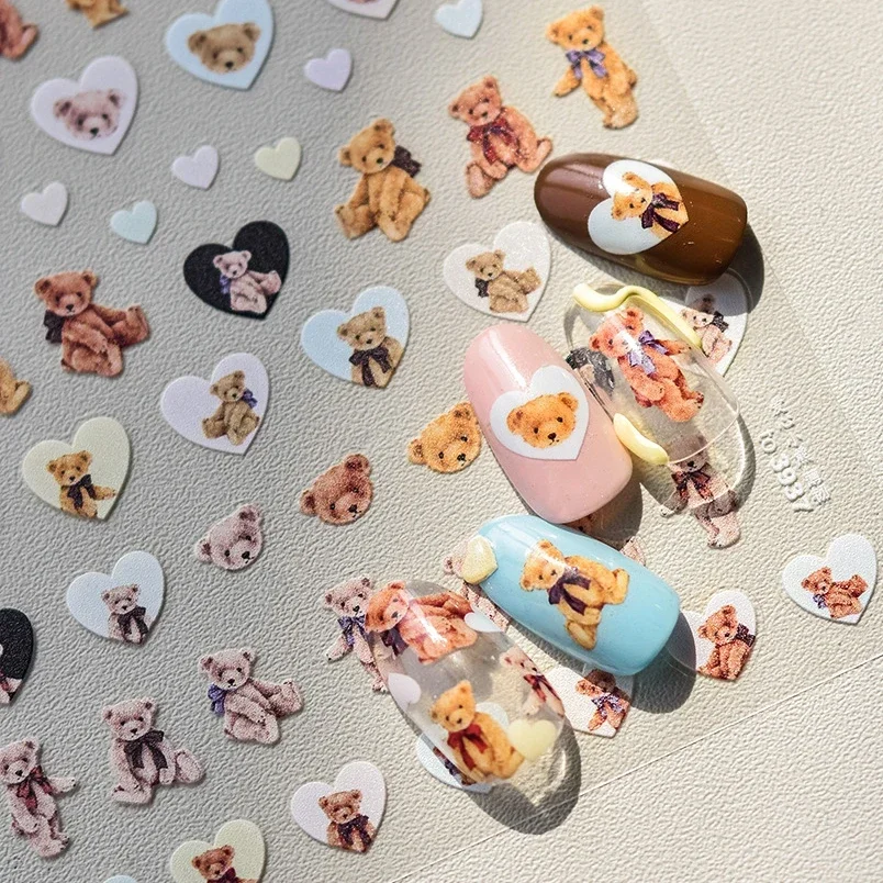 Cute Bear Love Heart Cream Cake Bread Flower Bowknot Cartoon Bunny Halloween Y2K Embossed Relief Nail Art Sticker Manicure Decal