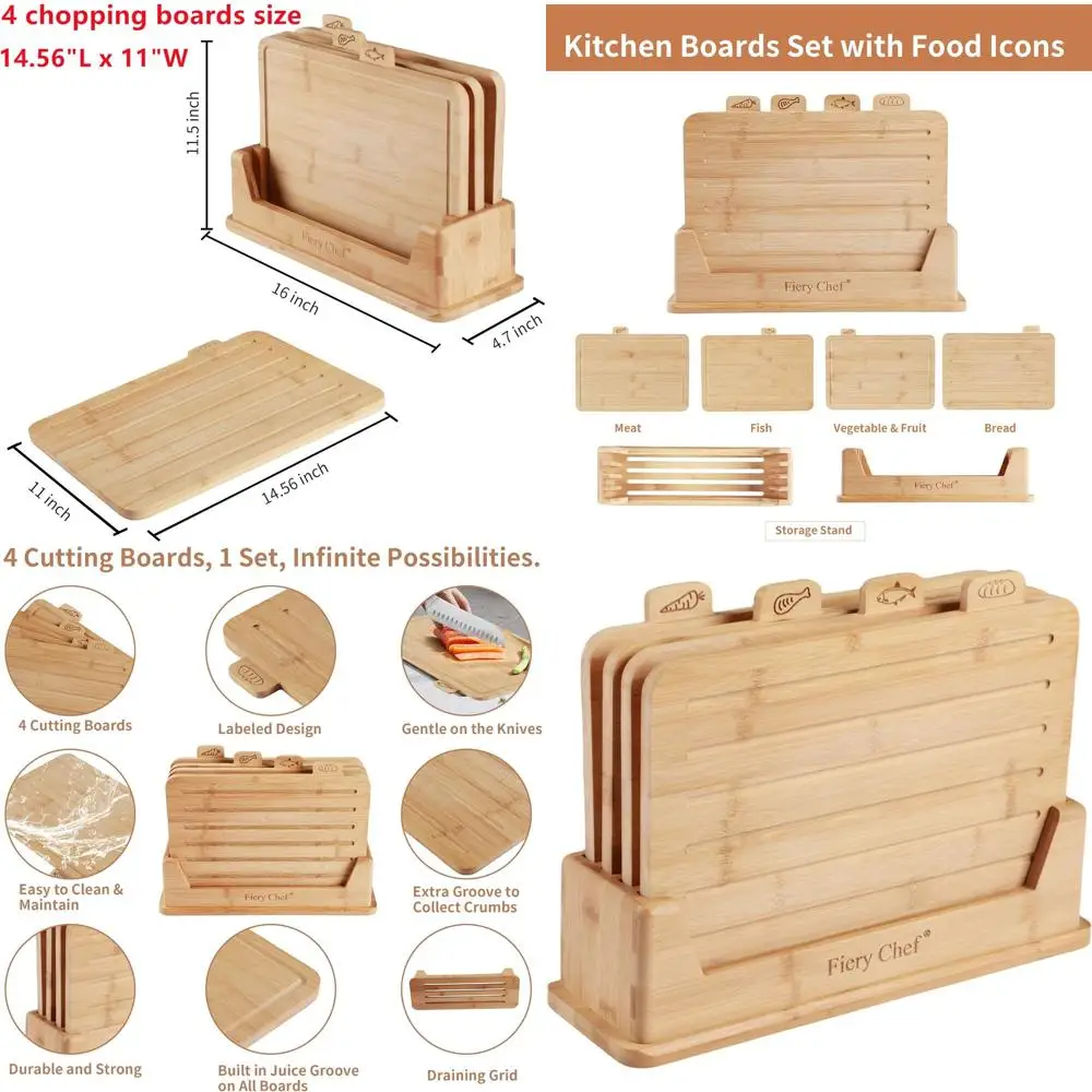 

Набор из 4 бамбуковых разделочных досок с держателем и пазом для сока — идеально подходит для измельчения мяса, рыбы, хлеба, овощей и фруктов