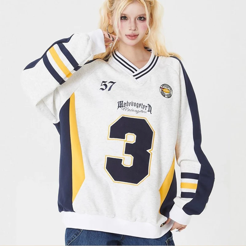 

Американский винтажный свитшот с v-образным вырезом и вышивкой, толстовка с капюшоном контрастного цвета для мужчин и женщин, осенние спортивные топы для пар, одежда Y2k