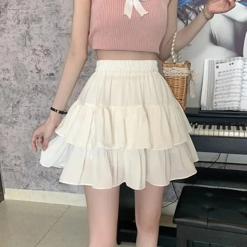 

Pleated A-line Skirt White Women Ruffles Sweet Hottie Preppy Style Elastic Elastic Waist Slim Thin Simple Casual Summer New