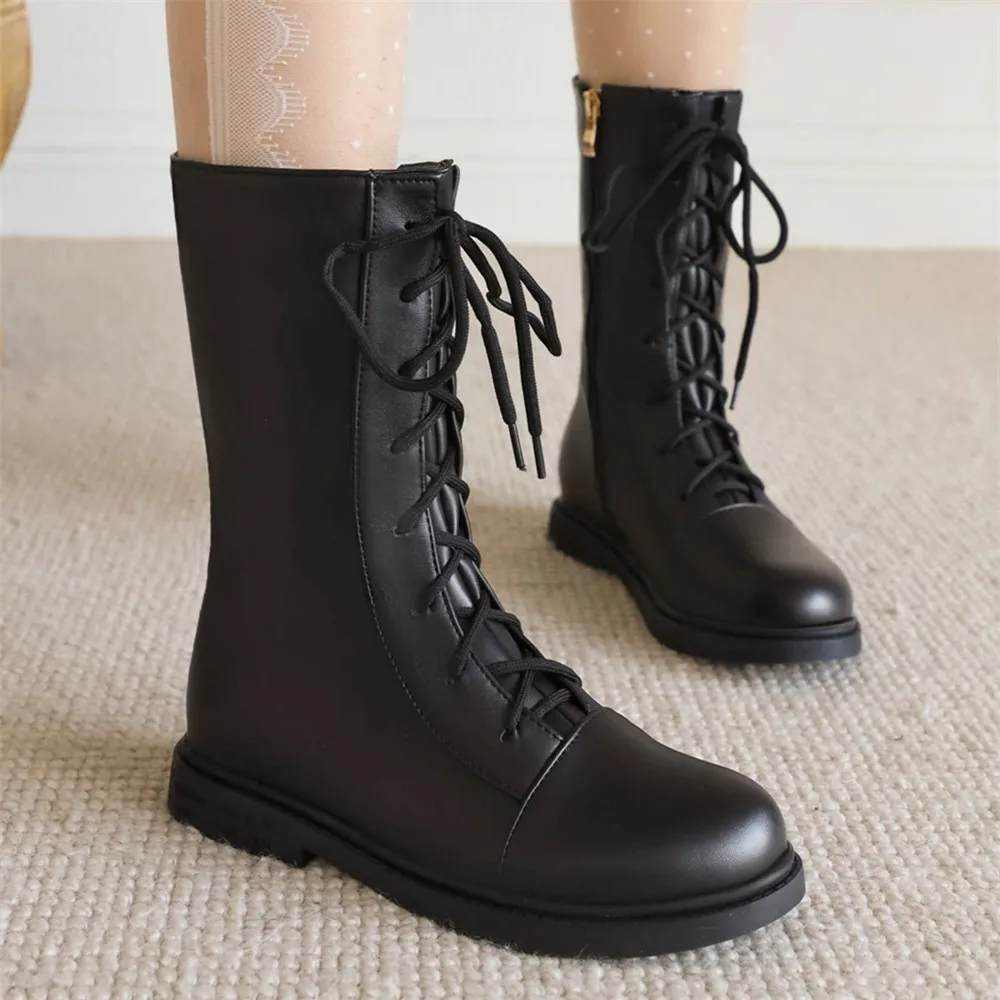 2024 Lace Up Ankle Boots Women Girl Fashion Cross Tied White Black Pink Chunky Heel Zip Cute Girls Shoes size 31 32 33 34 35 39