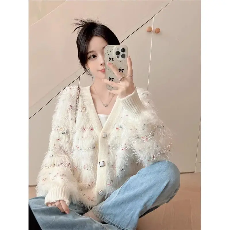Gaganight Women V neck Small Fragrant Knitted Cardigan 2024 Autumn Winter New Korean Chic Large Sweet Hairy Coat Female Coat image 5