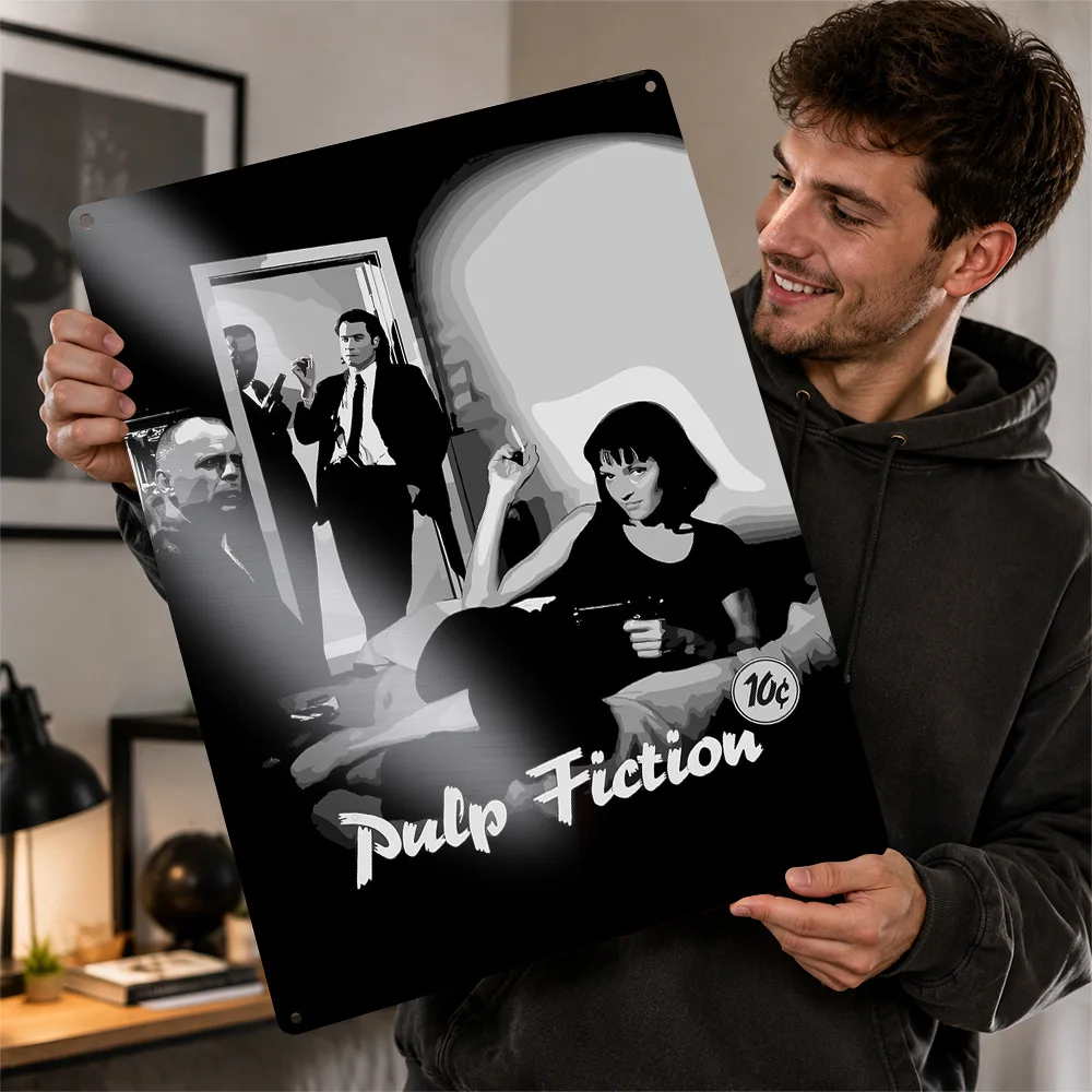 Pulp Fiction Black and White 3D Printed Texture Poster Personalized Wall Art Retro Metal Tin Signs for Room Decor Wand Deko Home