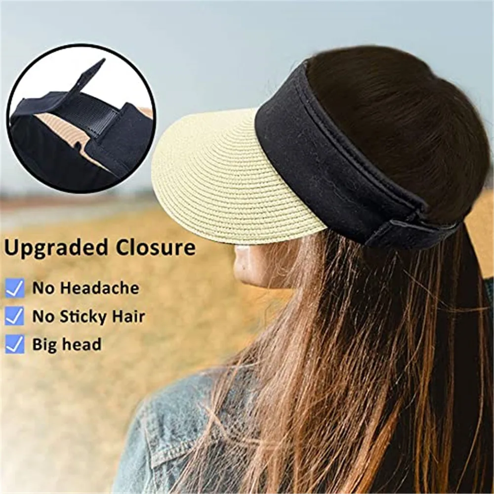 Foldable Portable Beach Hat Wide Brim Sun Hat Roll-up Summer Casual Straw Cap Visors For Women