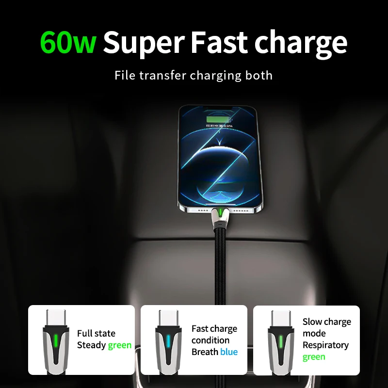 For Tesla Model 3 Model Y Car Fast Charging Cable Type-C To Type-C Data Cord Mobile Phone PD 60W 90 Degree USB-C Charging Line