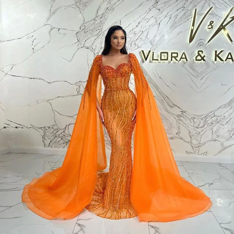 Orange Beading Mermaid Prom Dress with Cape Shawl 2023 فساتين مناسبة رسمية Arabic Dubai Luxury Evening Party Dresses Custom Made