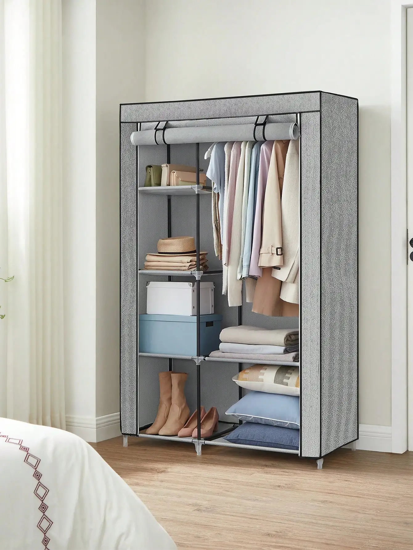 SONGMICS cloth cabinet closet wardrobe with 1 clothes rail 6 shelves non-woven fabric