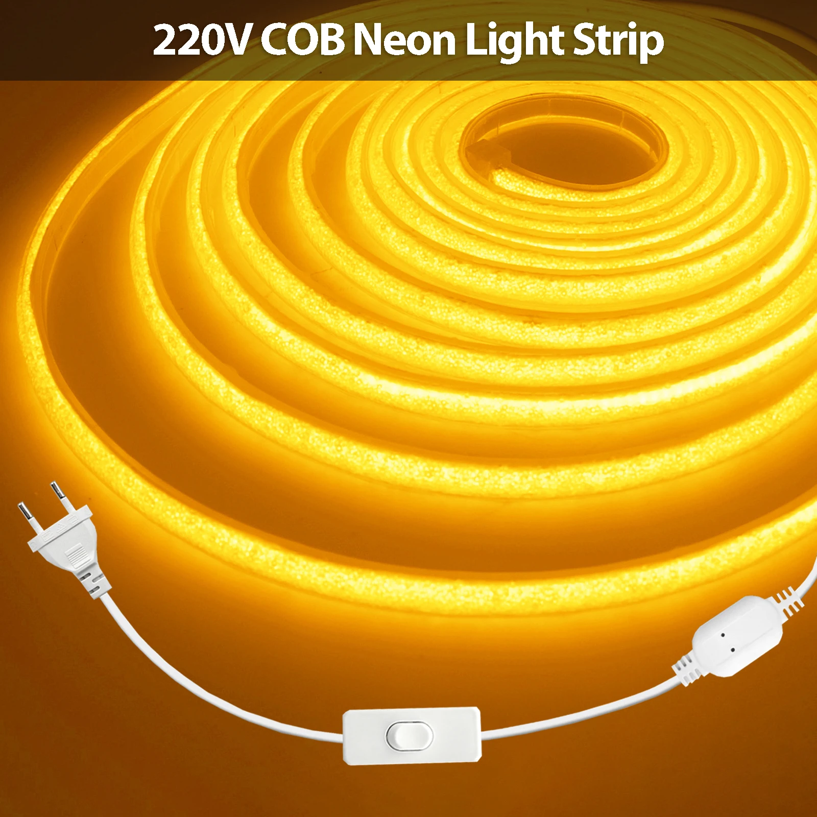 220V COB LED Strip Light Waterproof With EU Plug ON OFF Switch 288LEDs/m Warm/White/Red/Blue/Green/Golden Yellow Outdoor Decor