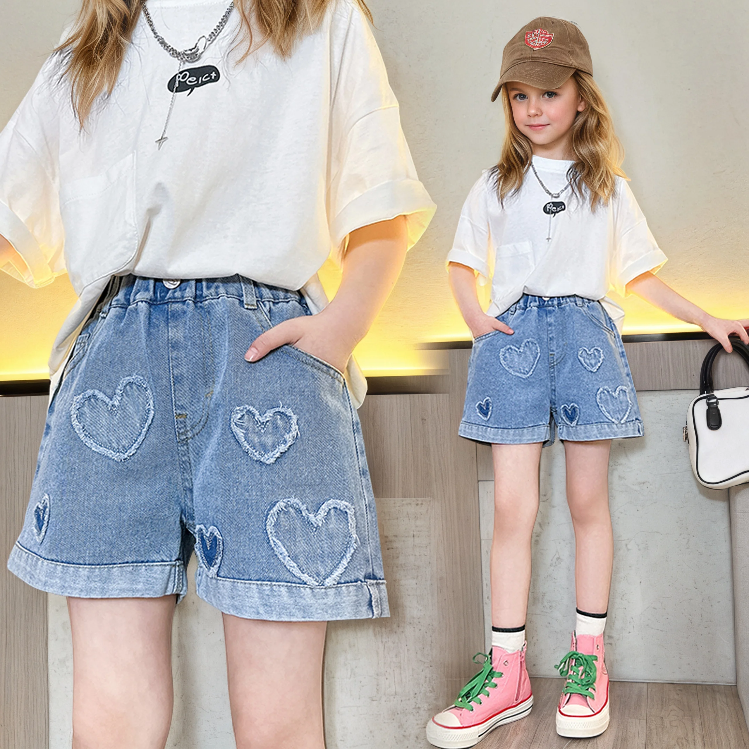 Girls' summer versatile  love denim 2025 new product summer thin fashion jeans casual sports shorts 5-15 years old